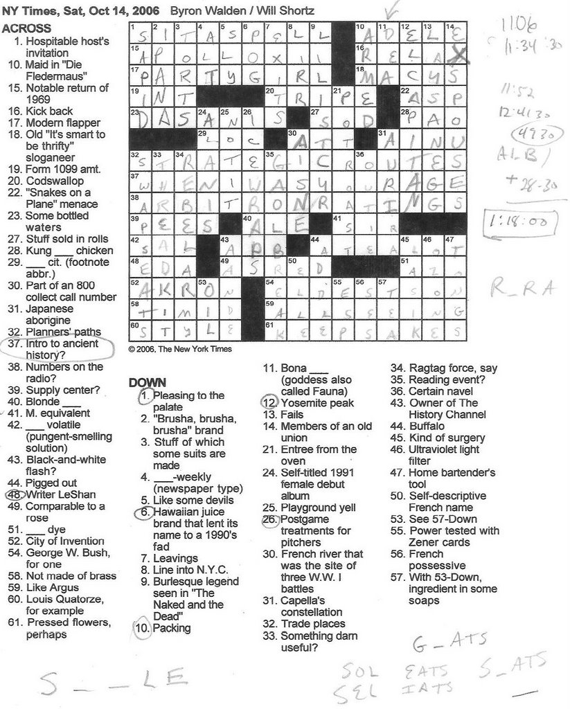 Rex Parker Does The NYT Crossword Puzzle SATURDAY Oct 14 2006 Byron Walden