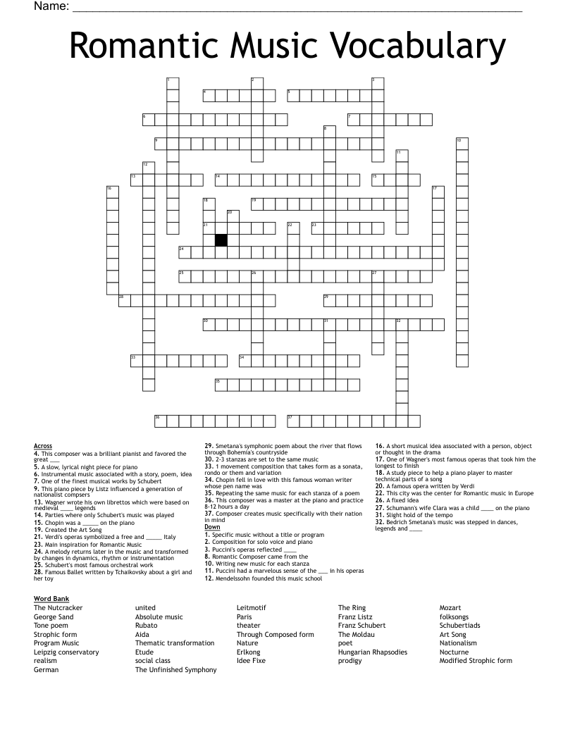 Romantic Music Vocabulary Crossword WordMint