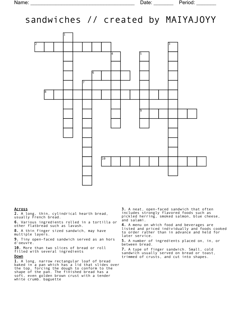 Sandwiches Created By MAIYAJOYY Crossword WordMint