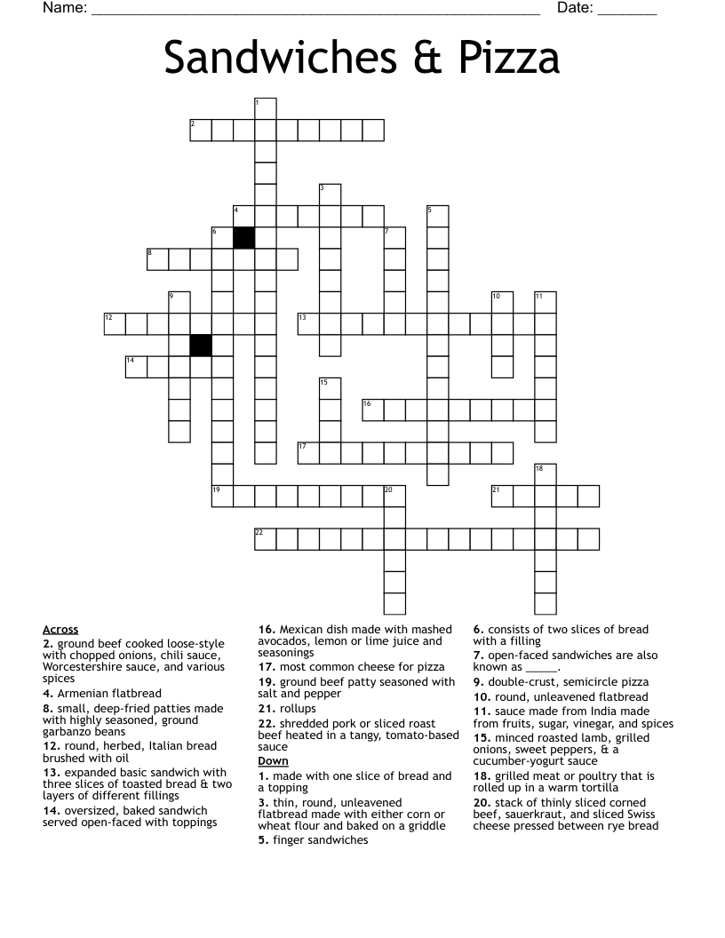 Sandwiches Pizza Crossword WordMint