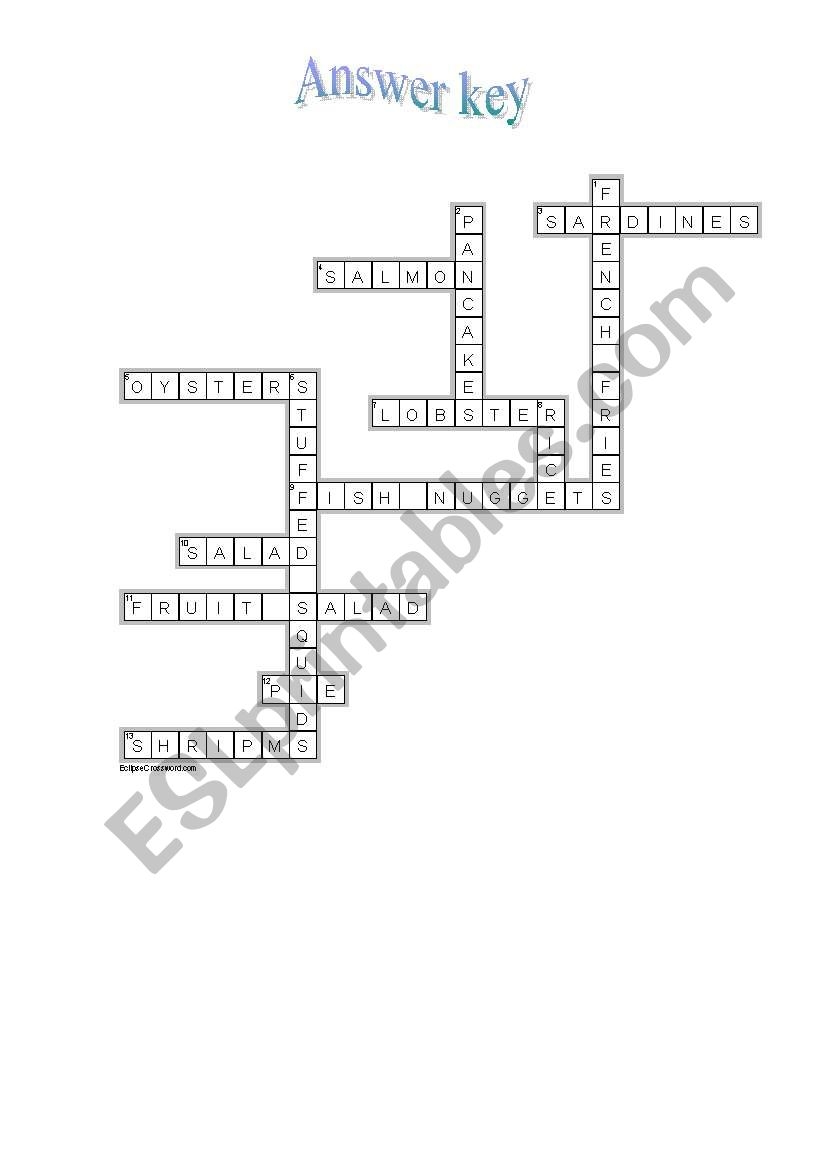 Sea Food And Fish Crossword ESL Worksheet By Borna