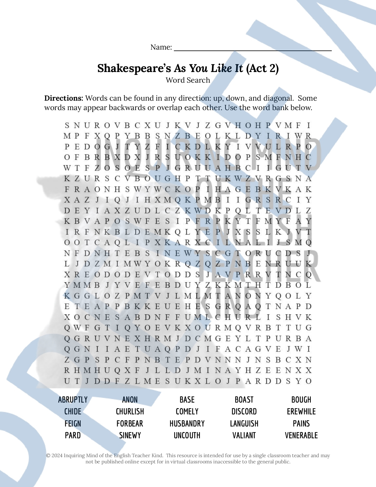 Shakespeare s As You Like It Act 2 Vocabulary Games For High School Classful