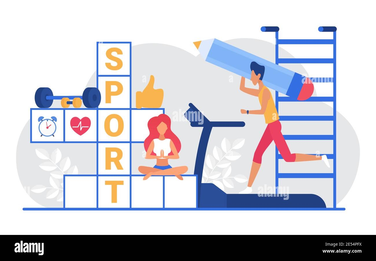 Sport Crossword Vector Illustration Cartoon Sportive Man Woman Characters Sitting In Yoga Lotus Pose Running On Gym Treadmill Near Crossword Puzzle With Sport Word Fitness Workout Isolated On White Stock Vector Image