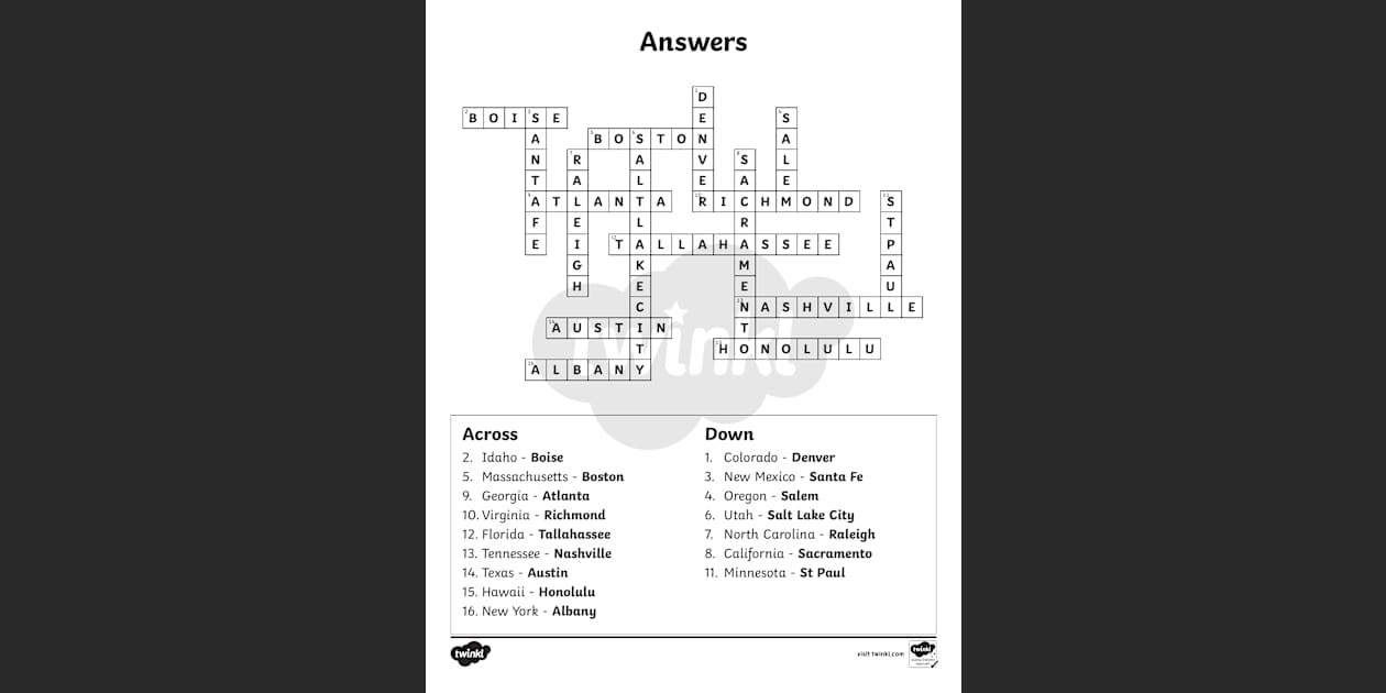 States And Capitals Crossword