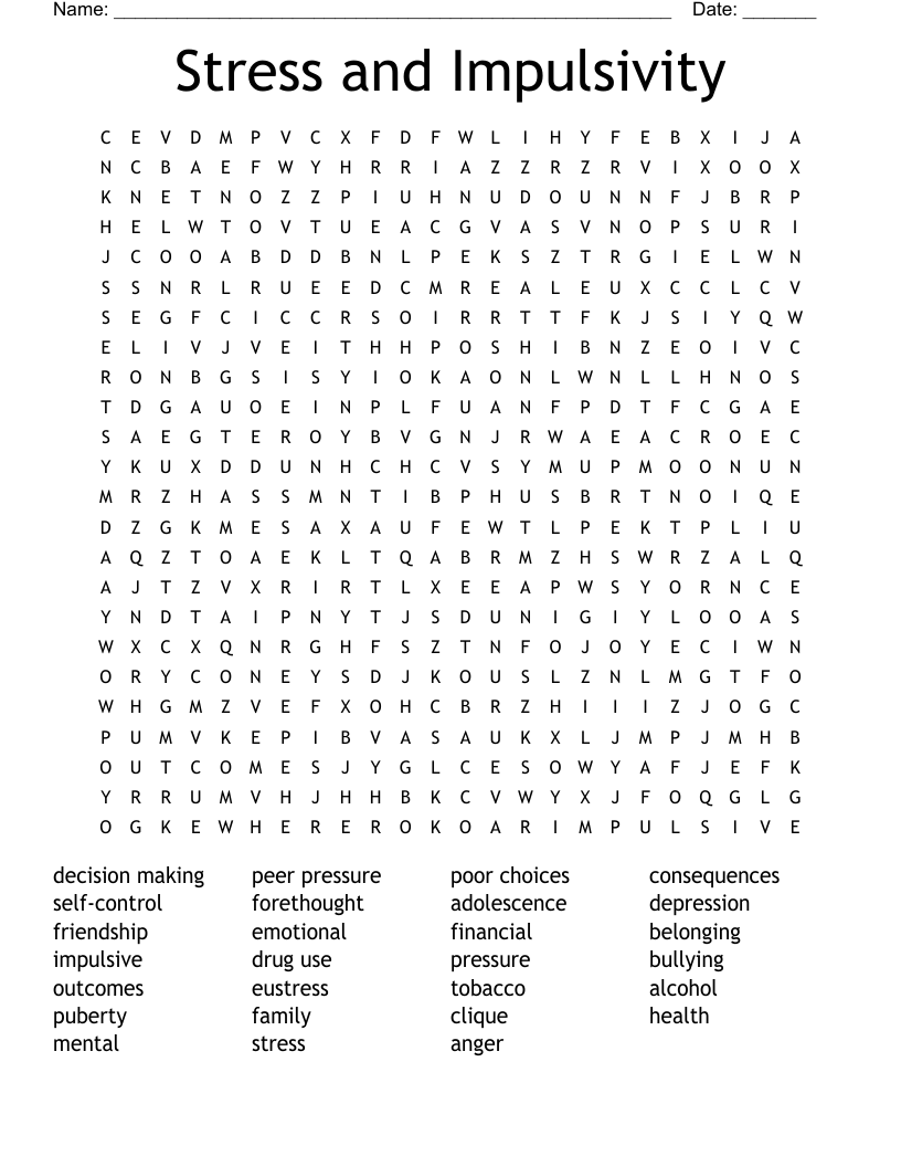 Stress And Impulsivity Word Search WordMint