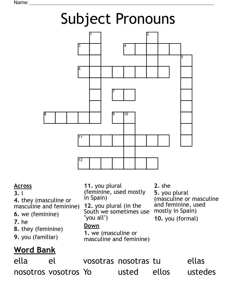 Subject Pronouns Crossword WordMint Subject Pronouns Crossword WordMint