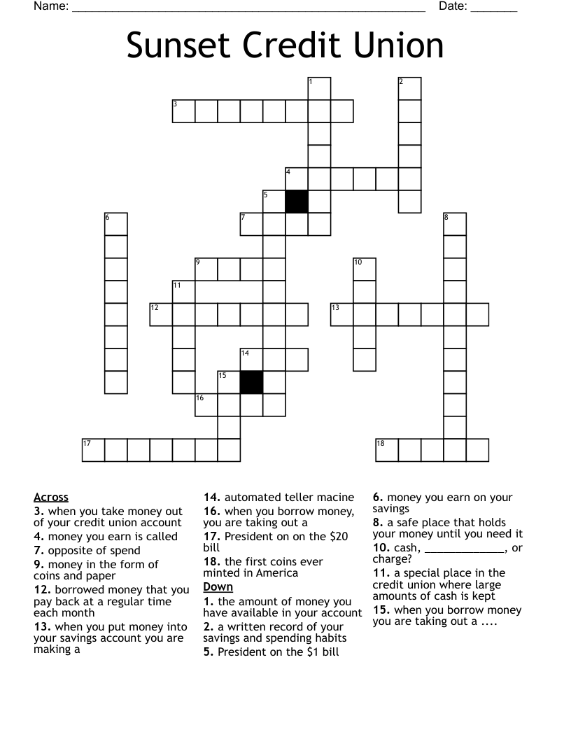 Sunset Credit Union Crossword WordMint