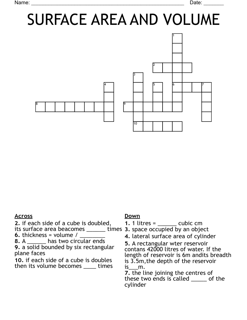 SURFACE AREA AND VOLUME Crossword WordMint