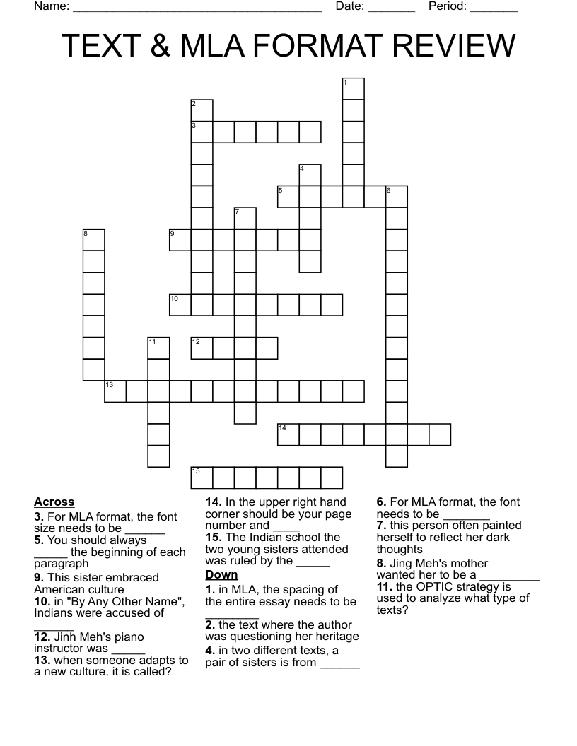 TEXT MLA FORMAT REVIEW Crossword WordMint TEXT MLA FORMAT REVIEW Crossword WordMint