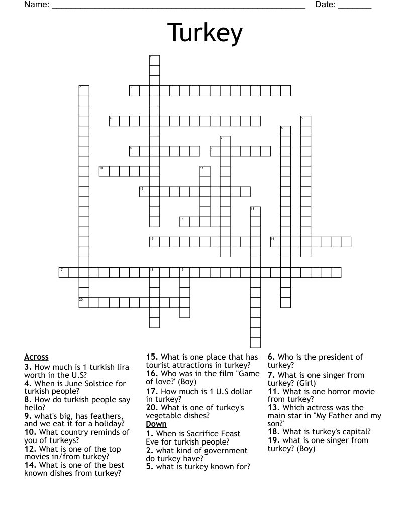 Places To See Turkeys Crossword