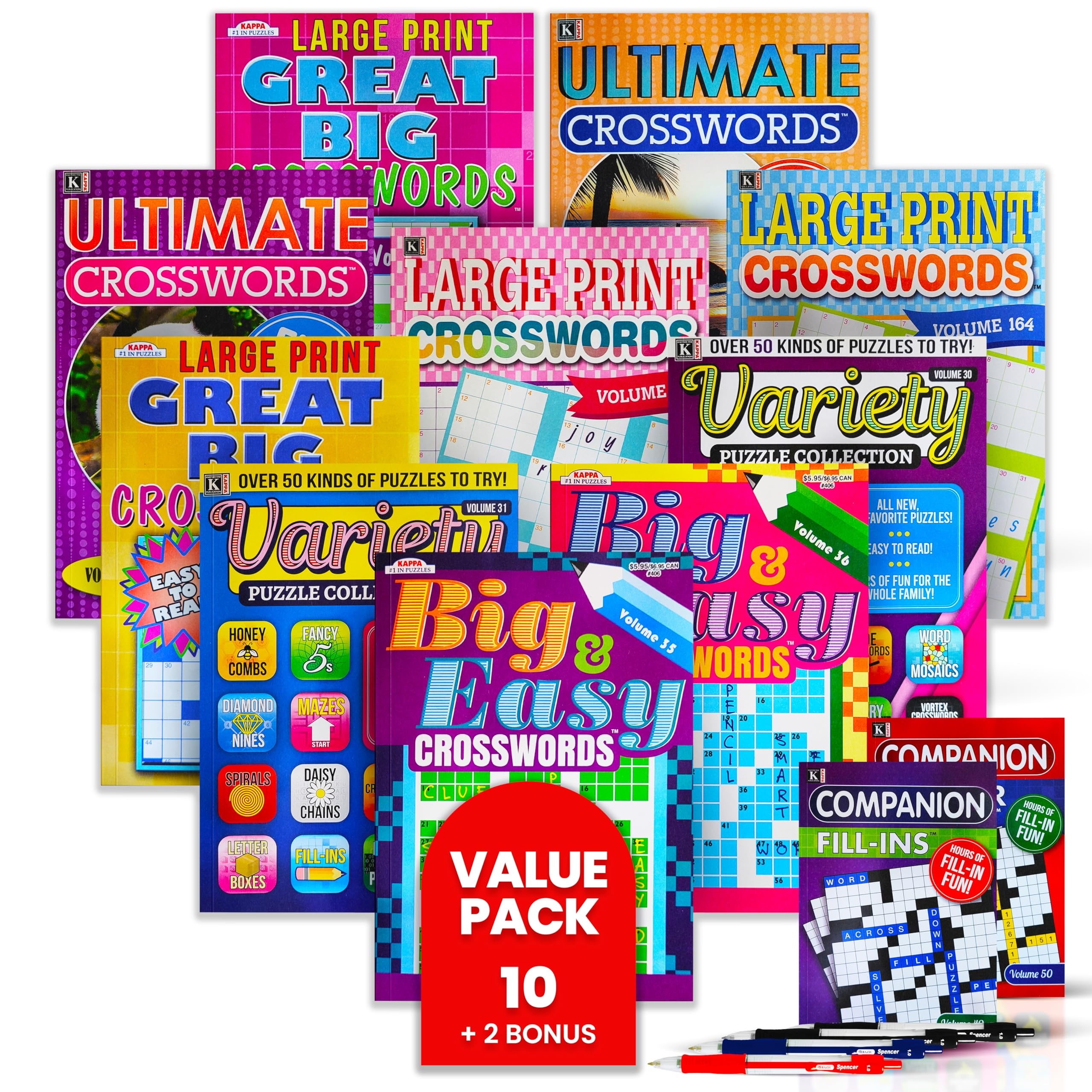 VARIETY SAVINGS 10 Pack Large Print Crossword Puzzles For Seniors Plus 2 Fill In Puzzle Books