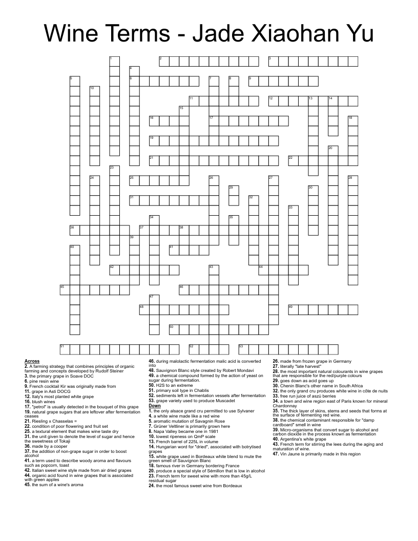 Wine Terms Jade Xiaohan Yu Crossword WordMint
