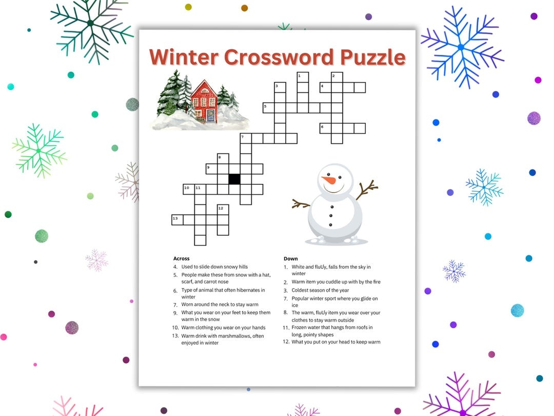 Winter Crossword Puzzle Printable Worksheet Game For Kids Adults Seniors Family Winter Game Etsy