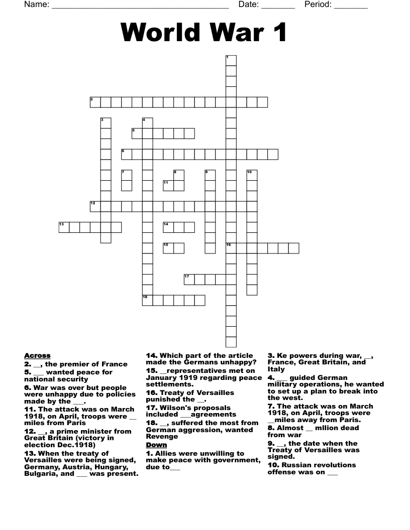 World War 1 Crossword WordMint