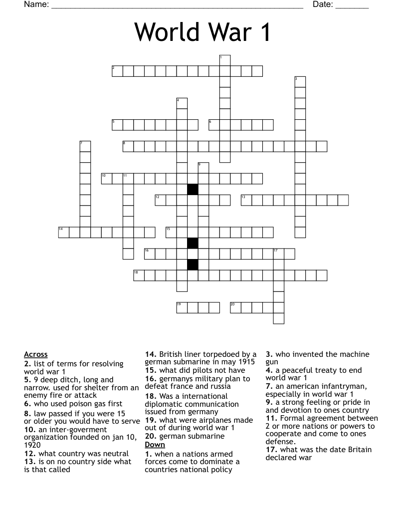 World War 1 Crossword WordMint