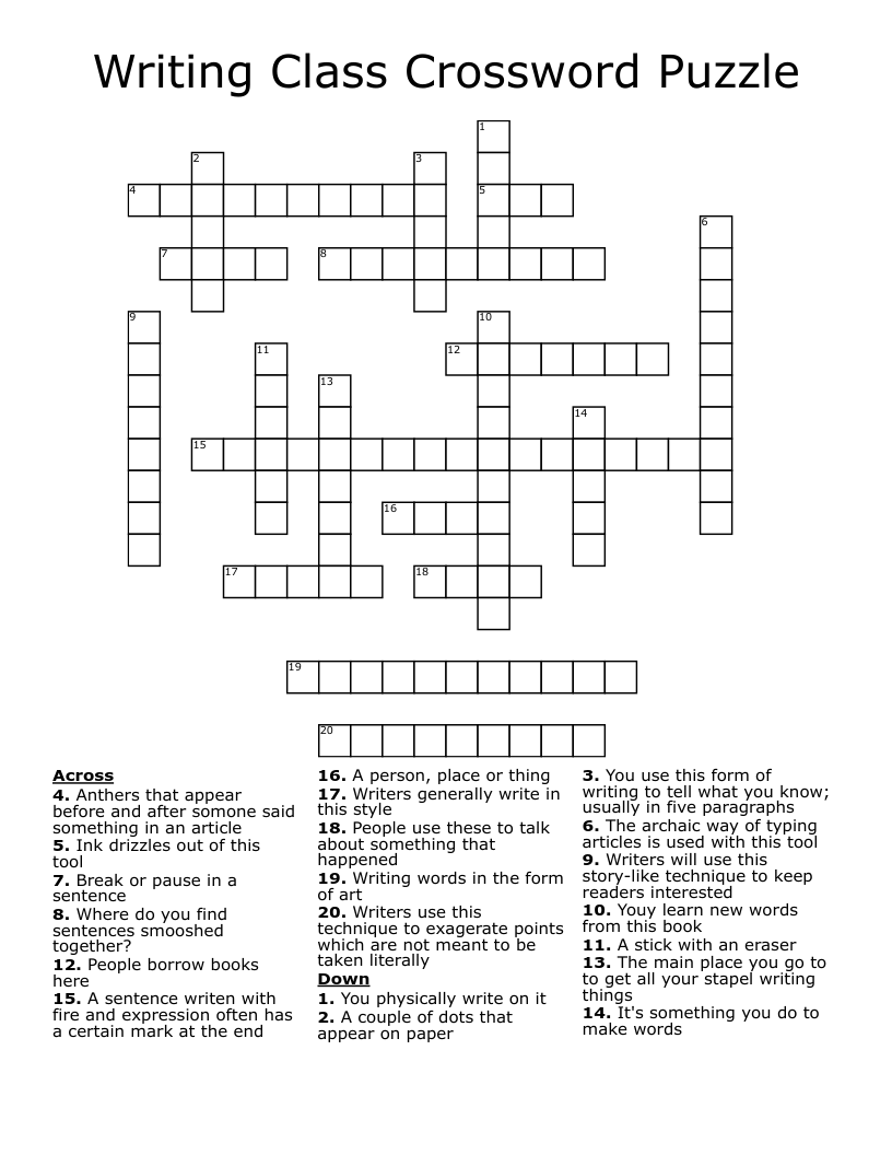 Writing Class Crossword Puzzle WordMint